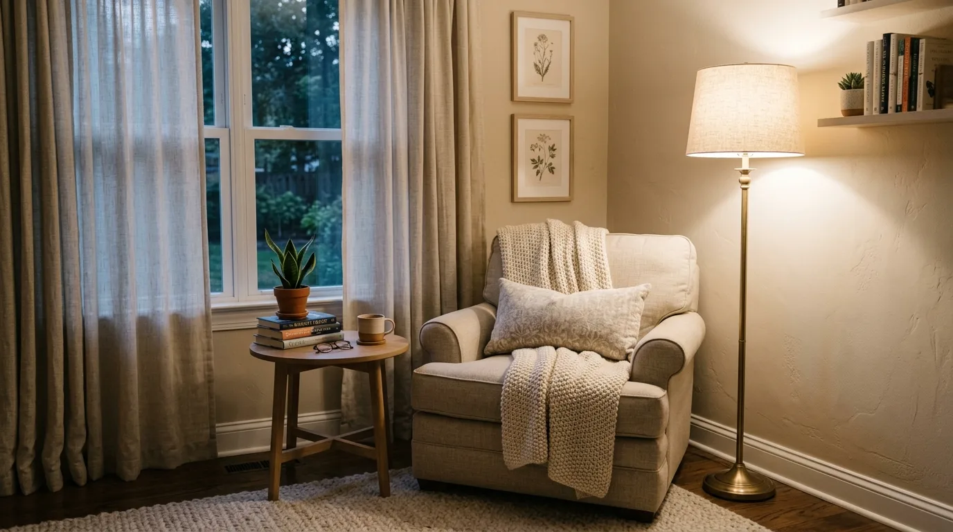 Create a peaceful reading corner inspiration for a neutral bedroom.